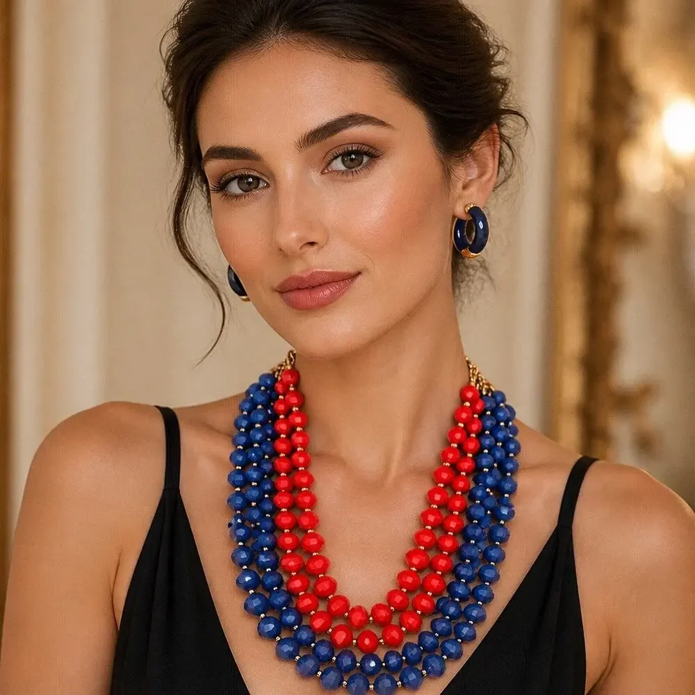 Retired Premier Design Royal Blue Red Beaded Multi-Row Necklace Dual Earring Set